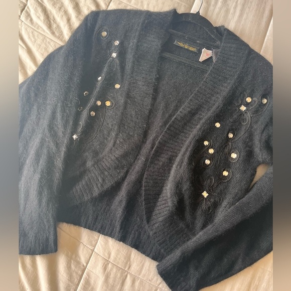Vintage 80s Mohair Embellished Black Knit Cardigan S - Picture 7 of 12